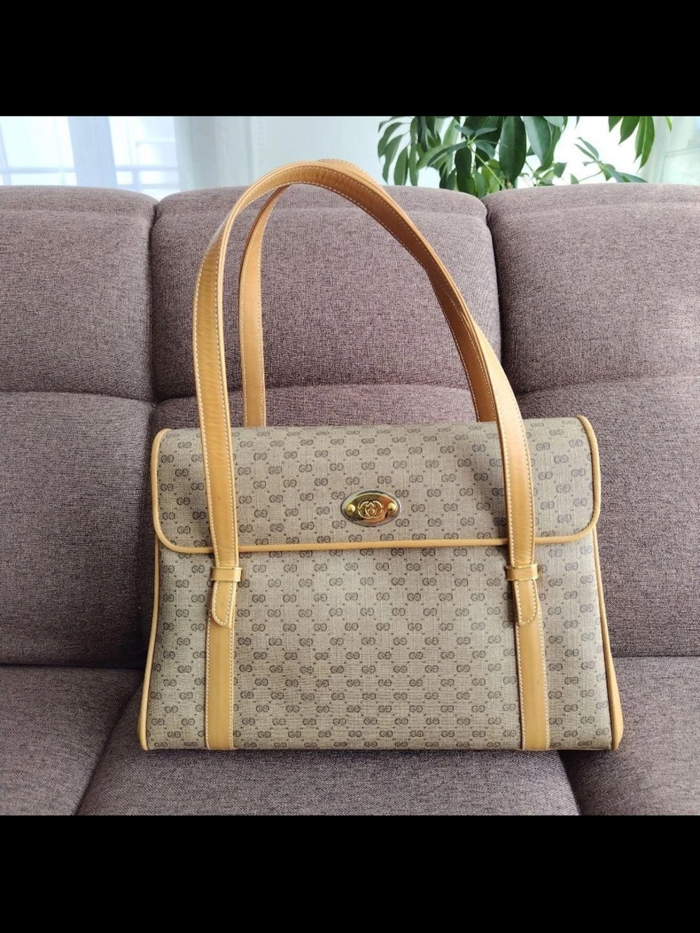 Gucci Beige Monogram Shoulder Bag with Tan Trim